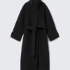 Abrigo largo de lana con cuello de embudo – Negro