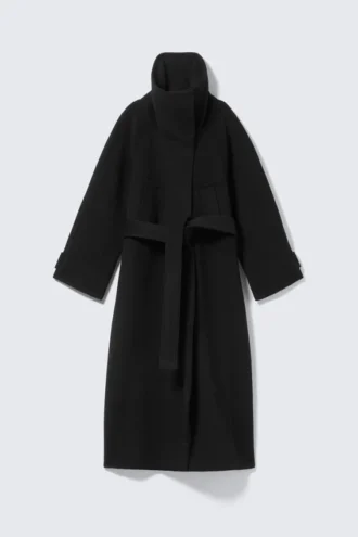 Abrigo largo de lana con cuello de embudo – Negro