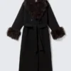 Abrigo largo oversize con ribetes de piel sintética – Negro – Piel sintética marrón Abrigo largo oversize con ribetes de piel sintética – Negro – Piel sintética marrón