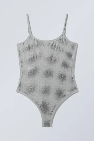 Bañador de cuello redondo con pedrería – Gris – Pedrería