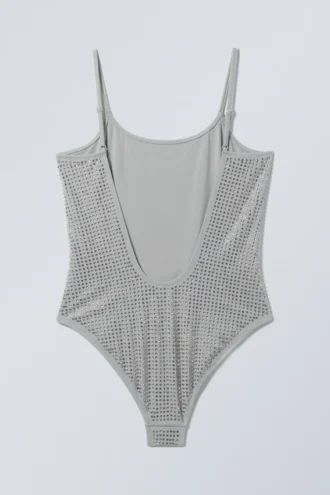 Bañador de cuello redondo con pedrería – Gris – Pedrería