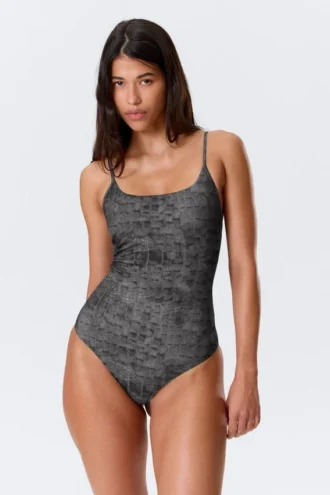 Bañador estampado con cuello cuadrado – Gris oscuro – Estampado de cocodrilo
