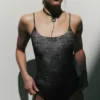 Bañador estampado con cuello cuadrado – Gris oscuro – Estampado de cocodrilo