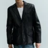Blazer de botonadura sencilla con efecto craquelado – Negro Blazer de botonadura sencilla con efecto craquelado – Negro