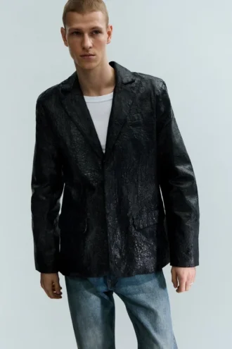Blazer de botonadura sencilla con efecto craquelado – Negro