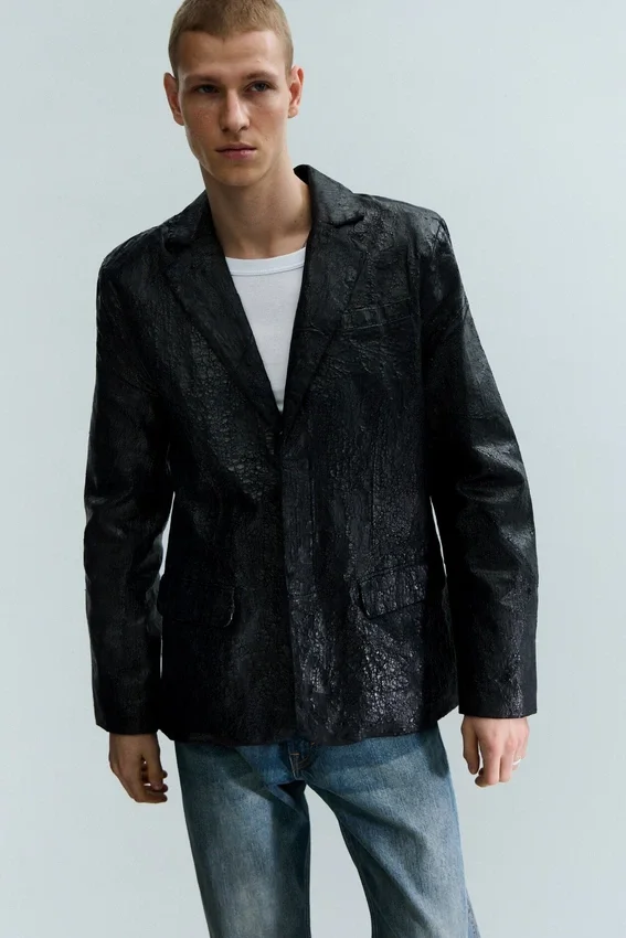 Blazer de botonadura sencilla con efecto craquelado – Negro Blazer de botonadura sencilla con efecto craquelado – Negro