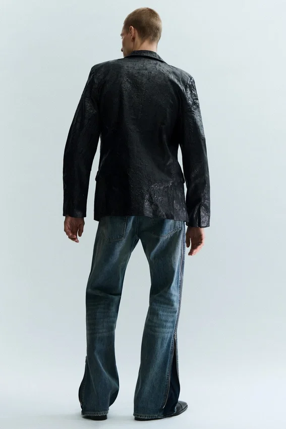 Blazer de botonadura sencilla con efecto craquelado – Negro Blazer de botonadura sencilla con efecto craquelado – Negro