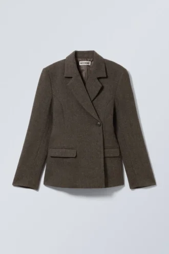 Blazer de mezcla de lana con diseño en espiga – Marrón/Gris
