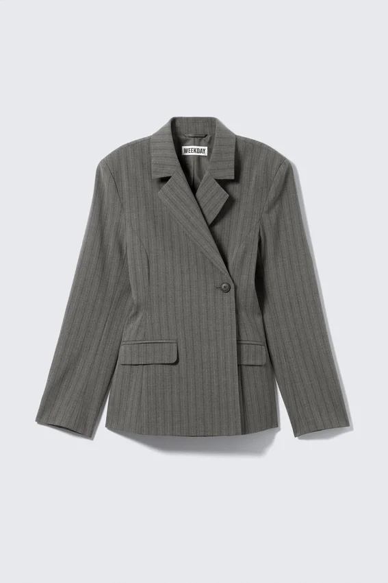 Blazer de traje cruzado – Rayas gris oscuro jaspeado Blazer de traje cruzado – Rayas gris oscuro jaspeado