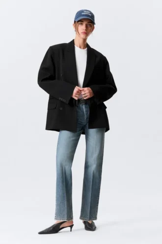 Blazer holgado de doble botonadura en mezcla de lino – Negro