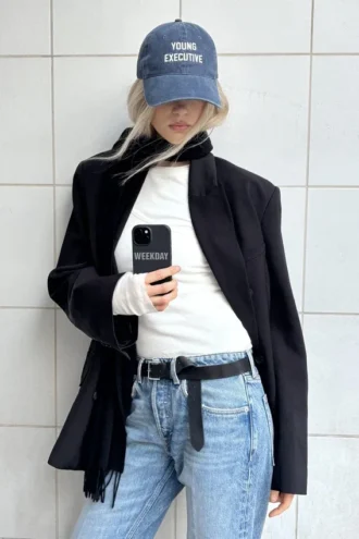 Blazer holgado de doble botonadura en mezcla de lino – Negro