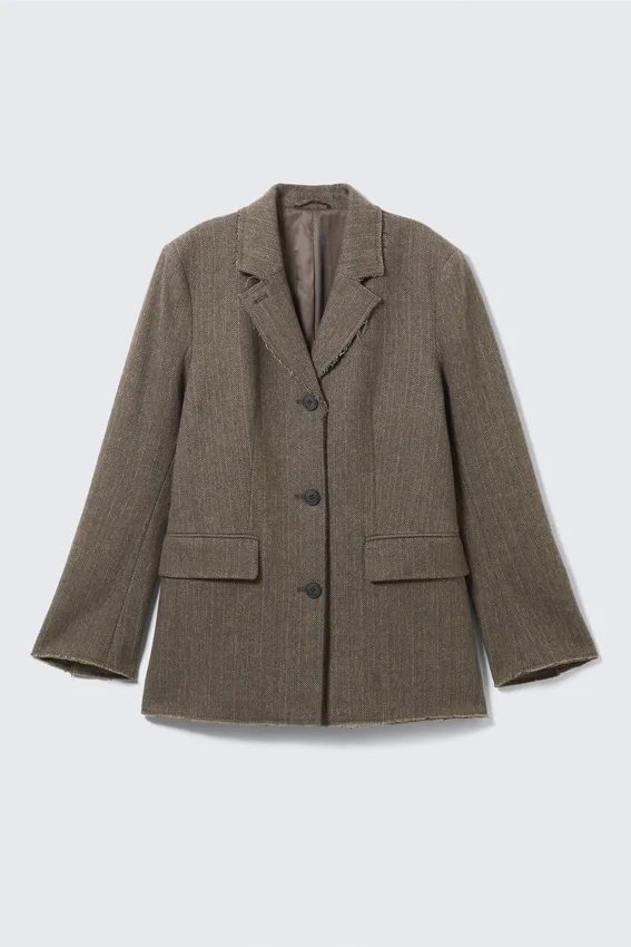 Blazer holgado de mezcla de lana con diseño en espiga – Espiga en color topo oscuro Blazer holgado de mezcla de lana con diseño en espiga – Espiga en color topo oscuro