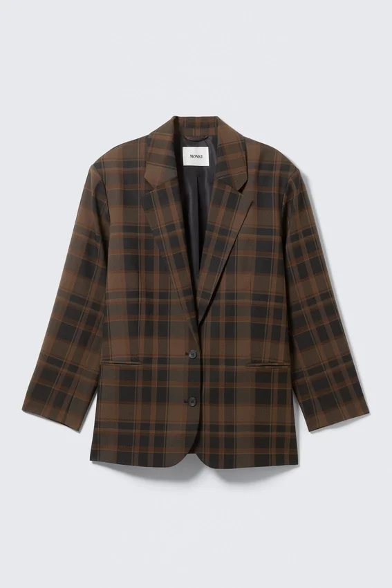 Blazer oversize de botonadura simple – A cuadros marrón oscuro Blazer oversize de botonadura simple – A cuadros marrón oscuro