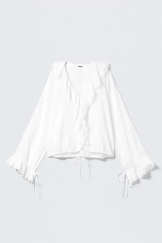 Blusa cruzada de manga larga con volantes – Blanca