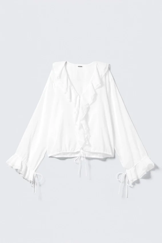 Blusa cruzada de manga larga con volantes – Blanca Blusa cruzada de manga larga con volantes – Blanca