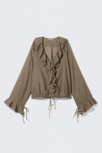 Blusa cruzada de manga larga con volantes – Marrón