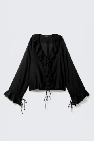 Blusa cruzada de manga larga con volantes – Negro