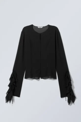 Blusa de manga larga con volantes – Negro