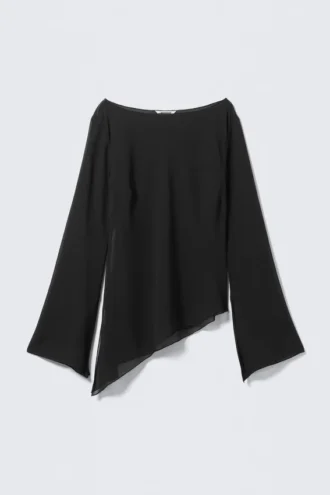 Blusa transparente asimétrica de manga larga – Negro
