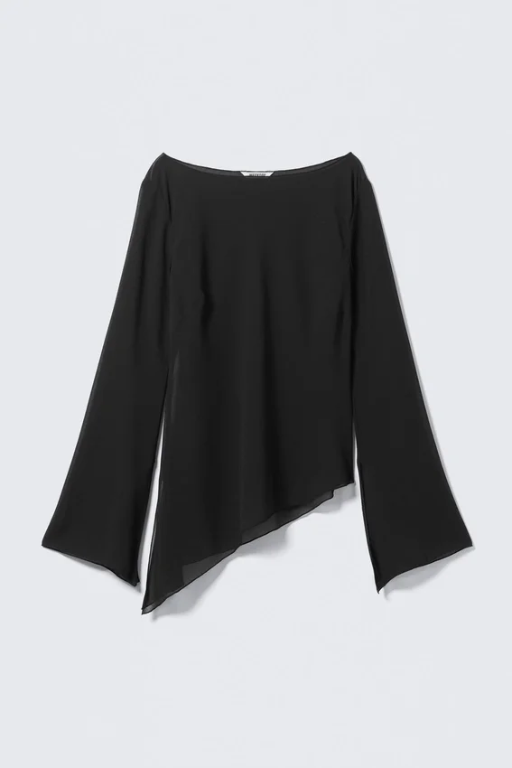 Blusa transparente asimétrica de manga larga – Negro Blusa transparente asimétrica de manga larga – Negro