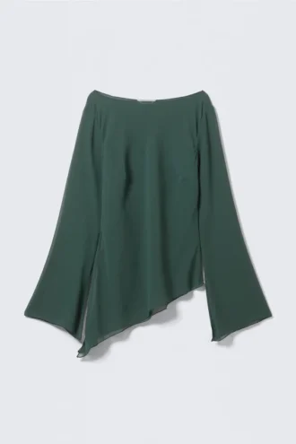 Blusa transparente asimétrica de manga larga – Petróleo