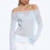 Blusa transparente con cuello barco y mangas acampanadas – Azul claro empolvado