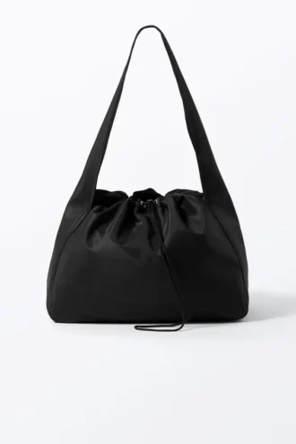 Bolso de hombro rectangular grande con cordón – Negro