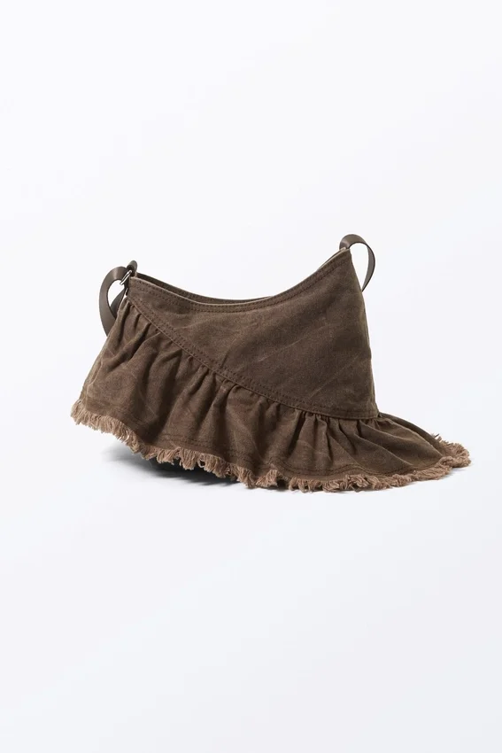 Bolso de lona de algodón con volantes – Marrón oscuro lavado Bolso de lona de algodón con volantes – Marrón oscuro lavado
