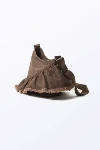 Bolso de lona de algodón con volantes – Marrón oscuro lavado