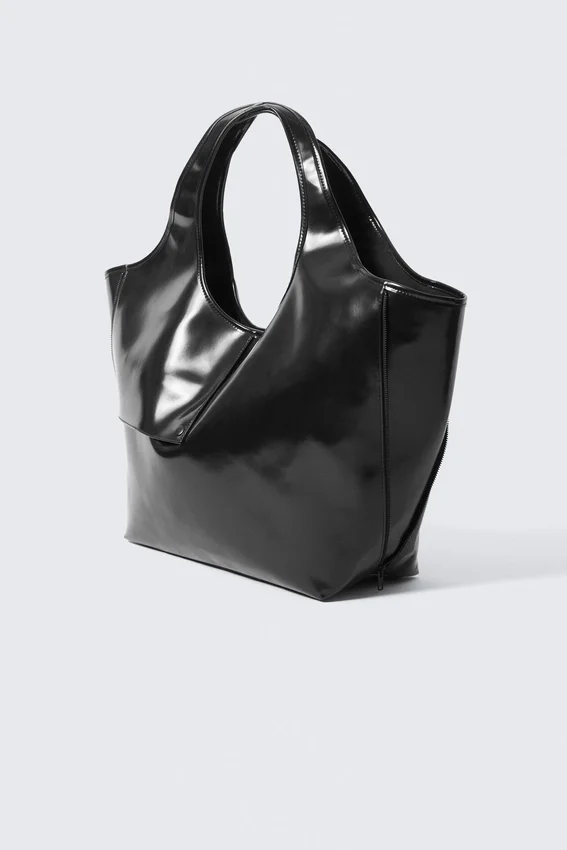 Bolso tote grande de imitación de piel brillante – Negro Bolso tote grande de imitación de piel brillante – Negro