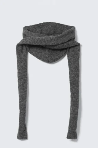 Bufanda con capucha y lazos de punto – Gris oscuro jaspeado