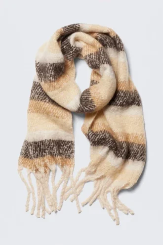 Bufanda con flecos gruesos – Rayas beige