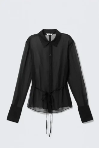 Camisa ajustada transparente con lazo en la espalda – Negro