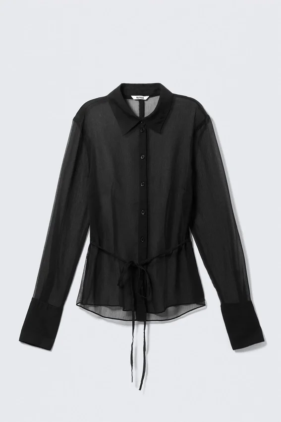 Camisa ajustada transparente con lazo en la espalda – Negro Camisa ajustada transparente con lazo en la espalda – Negro