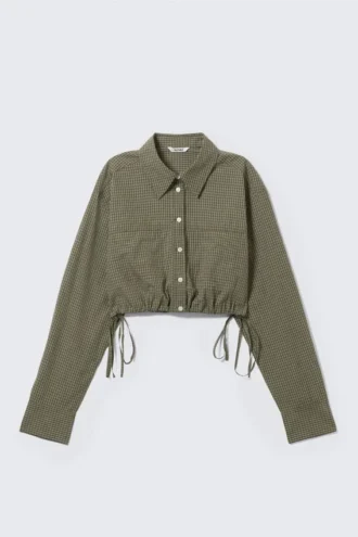 Camisa cargo corta y holgada – Cuadros verde caqui oscuro