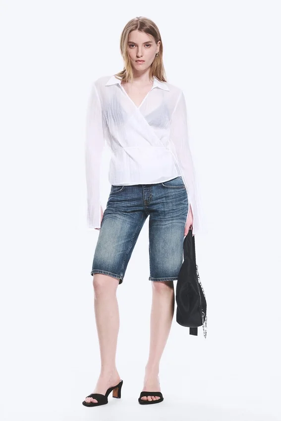Camisa cruzada de manga larga con textura – Blanco transparente Camisa cruzada de manga larga con textura – Blanco transparente