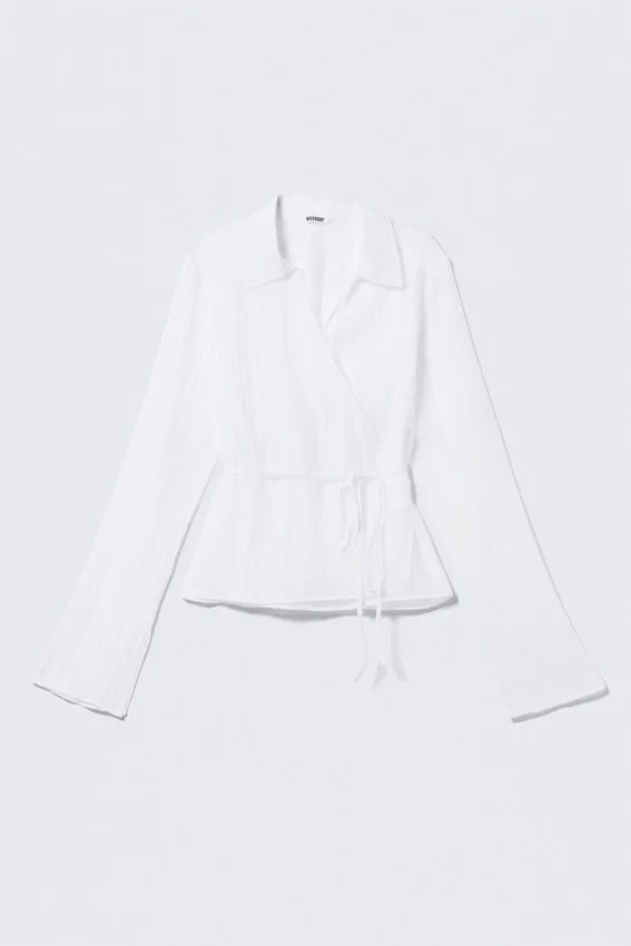Camisa cruzada de manga larga con textura – Blanco transparente Camisa cruzada de manga larga con textura – Blanco transparente