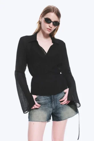 Camisa cruzada de manga larga con textura – Negro transparente