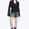 Camisa cruzada de manga larga con textura – Negro transparente