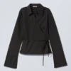 Camisa cruzada de manga larga de popelín – Negro