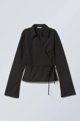Camisa cruzada de manga larga de popelín – Negro