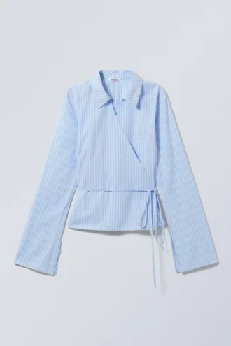 Camisa cruzada de manga larga de popelín – Rayas azules