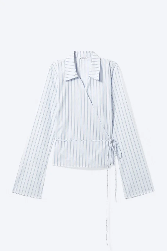 Camisa cruzada de manga larga de popelín – Rayas azules Camisa cruzada de manga larga de popelín – Rayas azules