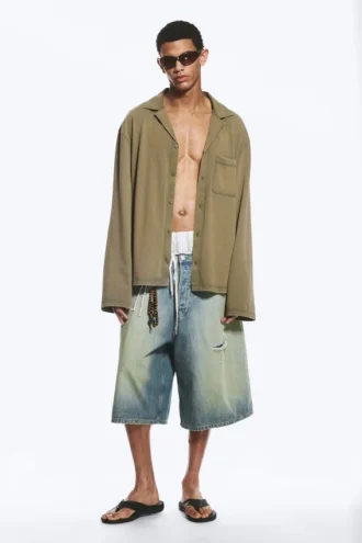 Camisa de estar por casa de algodón – Verde caqui apagado, talla M