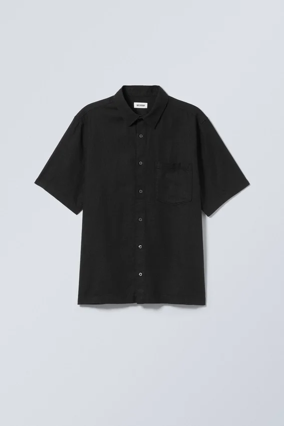 Camisa de lino de pantalón corto de corte holgado – Negro Camisa de lino de pantalón corto de corte holgado – Negro