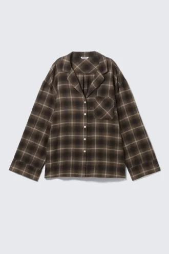 Camisa de pijama holgada de franela – A cuadros marrón oscuro