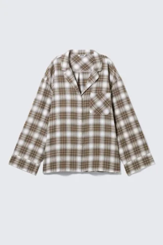 Camisa de pijama holgada de franela – Beige a cuadros