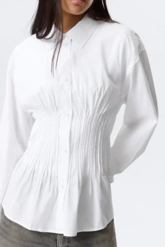 Camisa de popelín de algodón con fruncido en la cintura – Blanca