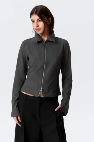 Camisa entallada de manga larga con cremallera – Gris oscuro jaspeado