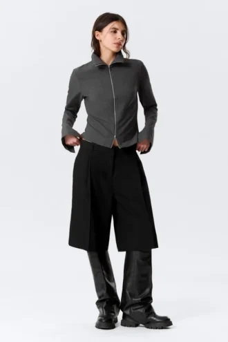Camisa entallada de manga larga con cremallera – Gris oscuro jaspeado